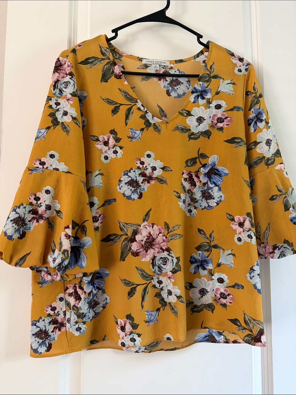 Green Envelope Mustard Floral V-Neck Bell Sleeve Tunic